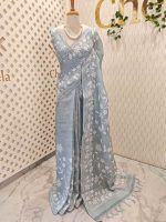 Linen saree with floral applique embroidery and Scalloped floral border - Image 15