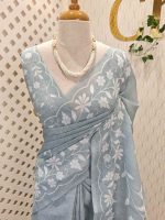 Linen saree with floral applique embroidery and Scalloped floral border - Image 13