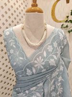 Linen saree with floral applique embroidery and Scalloped floral border - Image 14