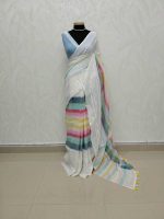 Linen saree with multicolor stripes and long lace work - Image 2