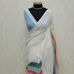 Linen saree with multicolor stripes and long lace work