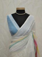Linen saree with multicolor stripes and long lace work - Image 3