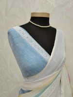 Linen saree with multicolor stripes and long lace work - Image 4