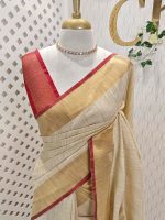Linen saree with zari borderand thin contrast border