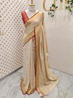 Linen saree with zari borderand thin contrast border - Image 3