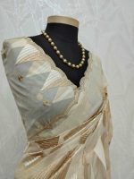 Organza with geometric zari embroidery and double scalloped border - Image 10