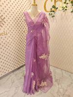 Organza saree with blooming floral embroidery and minimal lace detailing - Image 4