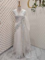 Organza saree with leafy embroidery and intricate lace border - Image 4