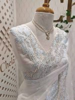 Organza saree with leafy embroidery and intricate lace border - Image 3
