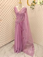 Organza saree with sequins established floral embroidery and scalloped border - Image 7