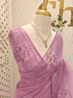 Organza saree with sequins established floral embroidery and scalloped border - Image 6