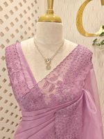 Organza saree with sequins established floral embroidery and scalloped border - Image 5