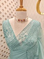 Organza saree with sequins established floral embroidery and scalloped border - Image 2