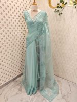 Organza saree with sequins established floral embroidery and scalloped border - Image 4