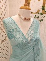 Organza saree with sequins established floral embroidery and scalloped border - Image 3