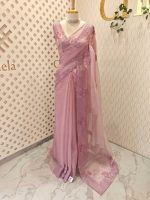 Organza saree with sequins established floral embroidery and scalloped border - Image 10