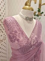Organza saree with sequins established floral embroidery and scalloped border - Image 9