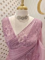 Organza saree with sequins established floral embroidery and scalloped border - Image 8