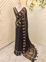 Soft cotton saree with scattered gold buttas, kasavu border, and floral embroidered pallu - Image 3