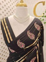 Soft cotton saree with scattered gold buttas, kasavu border, and floral embroidered pallu - Image 2