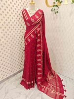 Soft cotton saree with scattered gold buttas, kasavu border, and floral embroidered pallu - Image 6