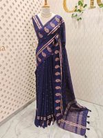 Soft cotton saree with scattered gold buttas, kasavu border, and floral embroidered pallu - Image 9