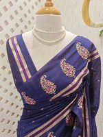 Soft cotton saree with scattered gold buttas, kasavu border, and floral embroidered pallu - Image 8