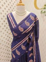 Soft cotton saree with scattered gold buttas, kasavu border, and floral embroidered pallu - Image 7