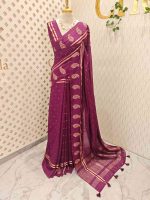 Soft cotton saree with scattered gold buttas, kasavu border, and floral embroidered pallu - Image 12