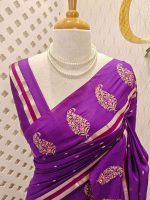 Soft cotton saree with scattered gold buttas, kasavu border, and floral embroidered pallu - Image 14