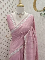 Semi Tussar Saree with floral embroidery, zari-patterned body, and minimal floral vine border - Image 13