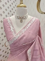 Semi Tussar Saree with floral embroidery, zari-patterned body, and minimal floral vine border - Image 14