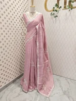 Semi Tussar Saree with floral embroidery, zari-patterned body, and minimal floral vine border - Image 15