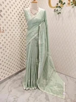 Semi Tussar Saree with floral embroidery, zari-patterned body, and minimal floral vine border - Image 12