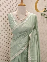 Semi Tussar Saree with floral embroidery, zari-patterned body, and minimal floral vine border - Image 10