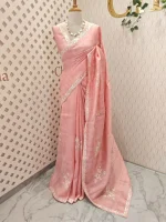Semi Tussar Saree with floral embroidery, zari-patterned body, and minimal floral vine border - Image 9