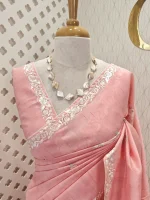 Semi Tussar Saree with floral embroidery, zari-patterned body, and minimal floral vine border - Image 8