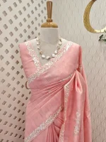 Semi Tussar Saree with floral embroidery, zari-patterned body, and minimal floral vine border - Image 7
