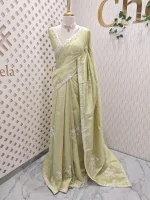 Semi Tussar Saree with floral embroidery, zari-patterned body, and minimal floral vine border - Image 6