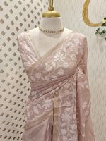 Tissue Organza with floral applique embroidery and scalloped floral border - Image 7