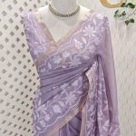 Tissue Organza with floral applique embroidery and scalloped floral border