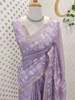 Tissue Organza with floral applique embroidery and scalloped floral border