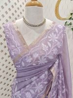 Tissue Organza with floral applique embroidery and scalloped floral border - Image 2