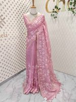 Tissue Organza with floral applique embroidery and scalloped floral border - Image 6