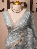 Tissue Organza with floral applique embroidery and scalloped floral border - Image 10