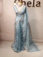 Tissue Organza with floral applique embroidery and scalloped floral border - Image 12