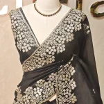 Tissue with golden thread embroidery border and cut beads work