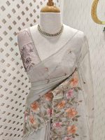 Tissue with hibiscus garden like  embroidery pattern