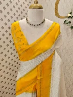 Viscose with contrast border and small zari check on the body with contrast zari woven blouse. - Image 4
