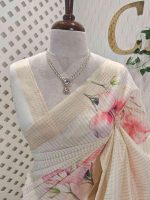 Kerala saree with large hibiscus print all over the body and pallu - Image 2
